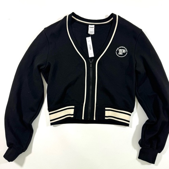 New Pink Victorias Secret Ivy Fleece Front Zip Cardigan Black - Picture 2 of 7